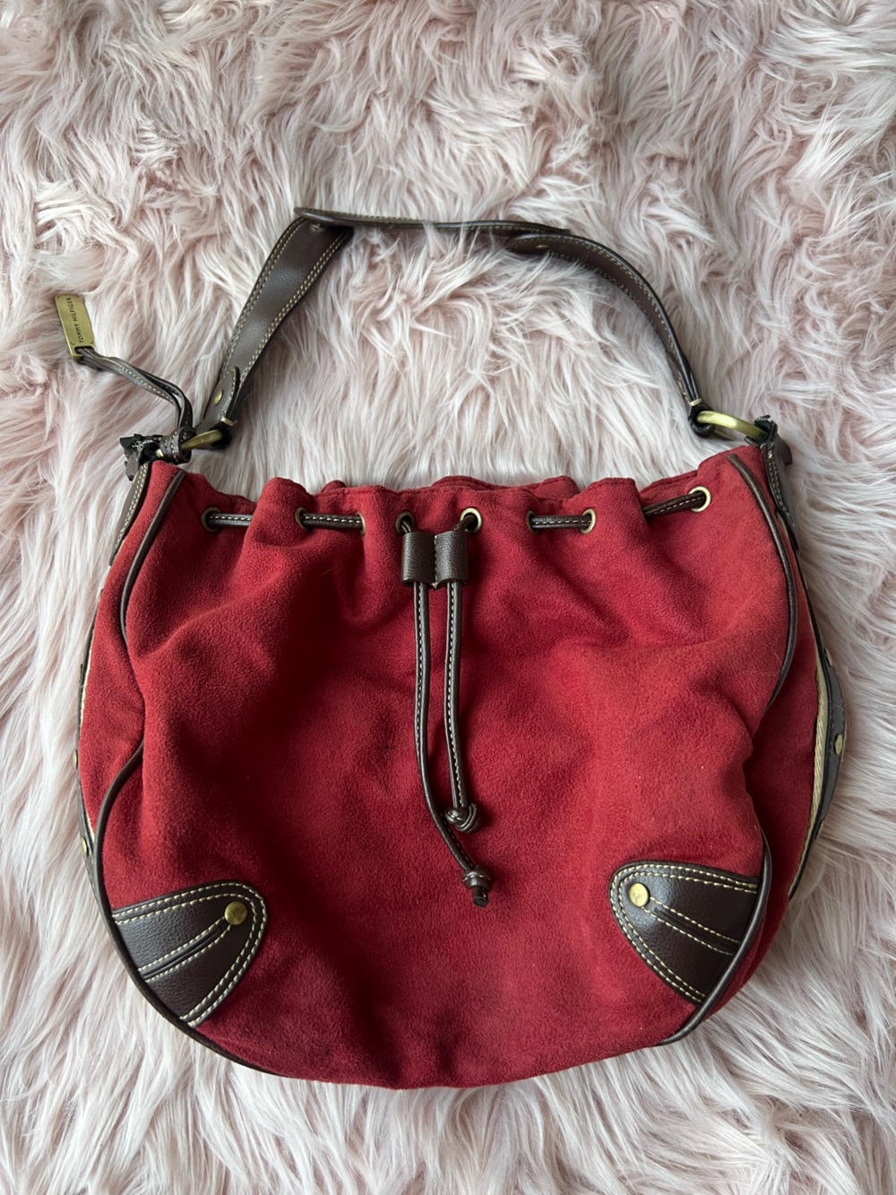 Tommy Hilfiger Red Suede Drawstring Shoulder Bag with Brown Trim